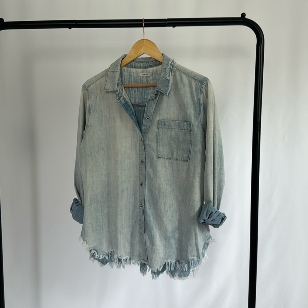 Distressed Denim Chambray Long Sleeved Button Down | Did You Say Canadian Tuxedo